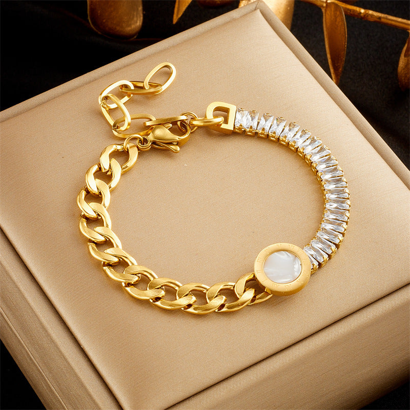 Fashionable Irregular Round Pendant Stainless Steel Bracelet with Rhinestone Accents and Plated Finish