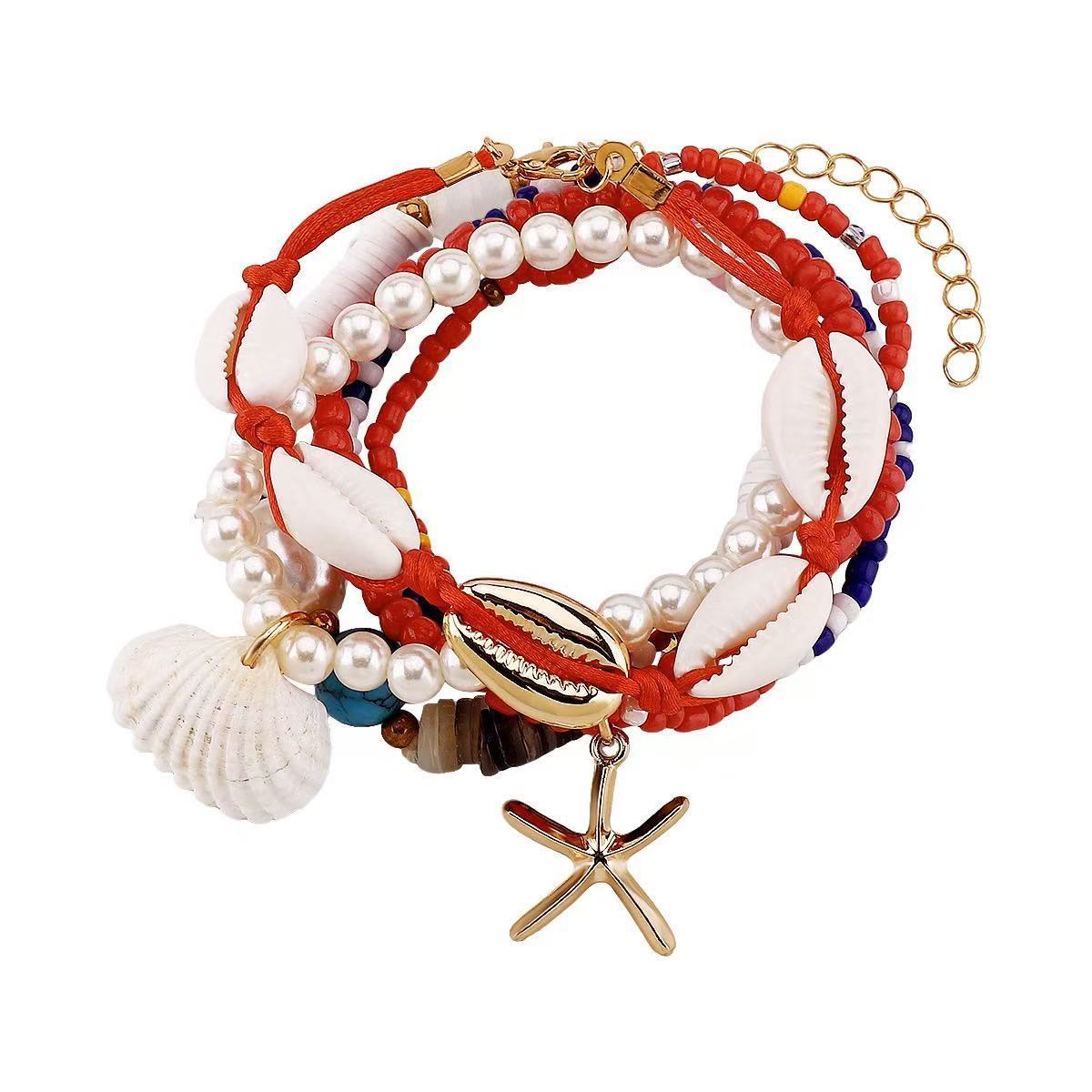 Set di bracciali da donna in stile bohémien con stelle marine e conchiglie, tessuti a mano