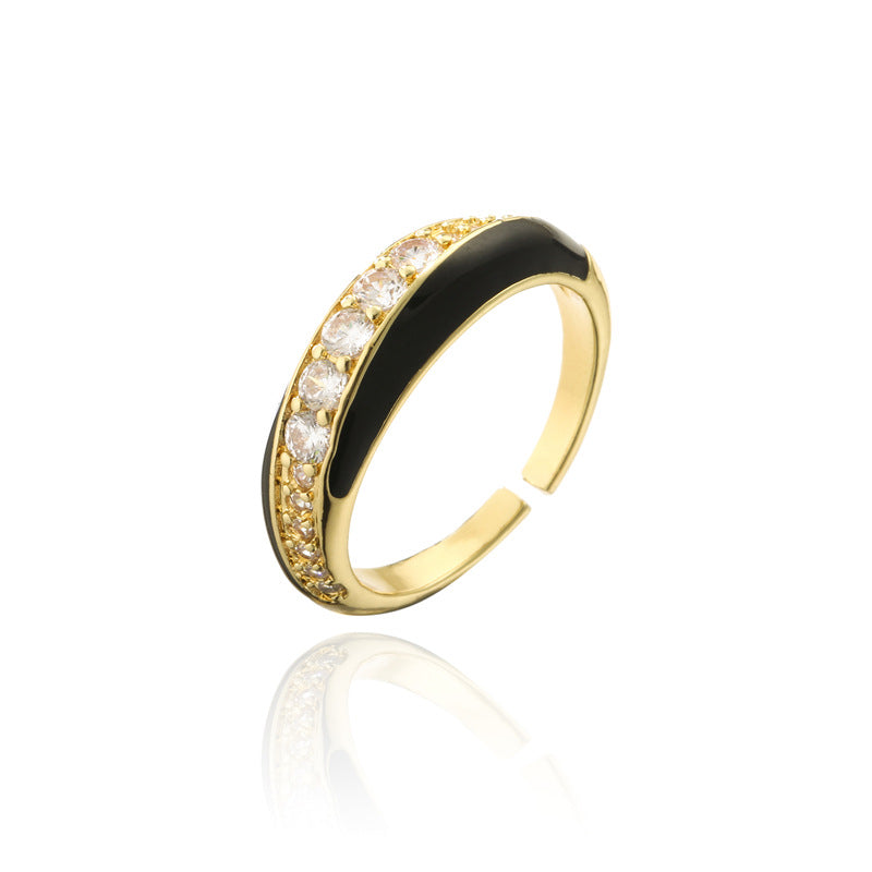 Fashion Geometric Drip Oil Brass Micro-Inlaid Cubic Zirconia Adjustable Open Ring for Women