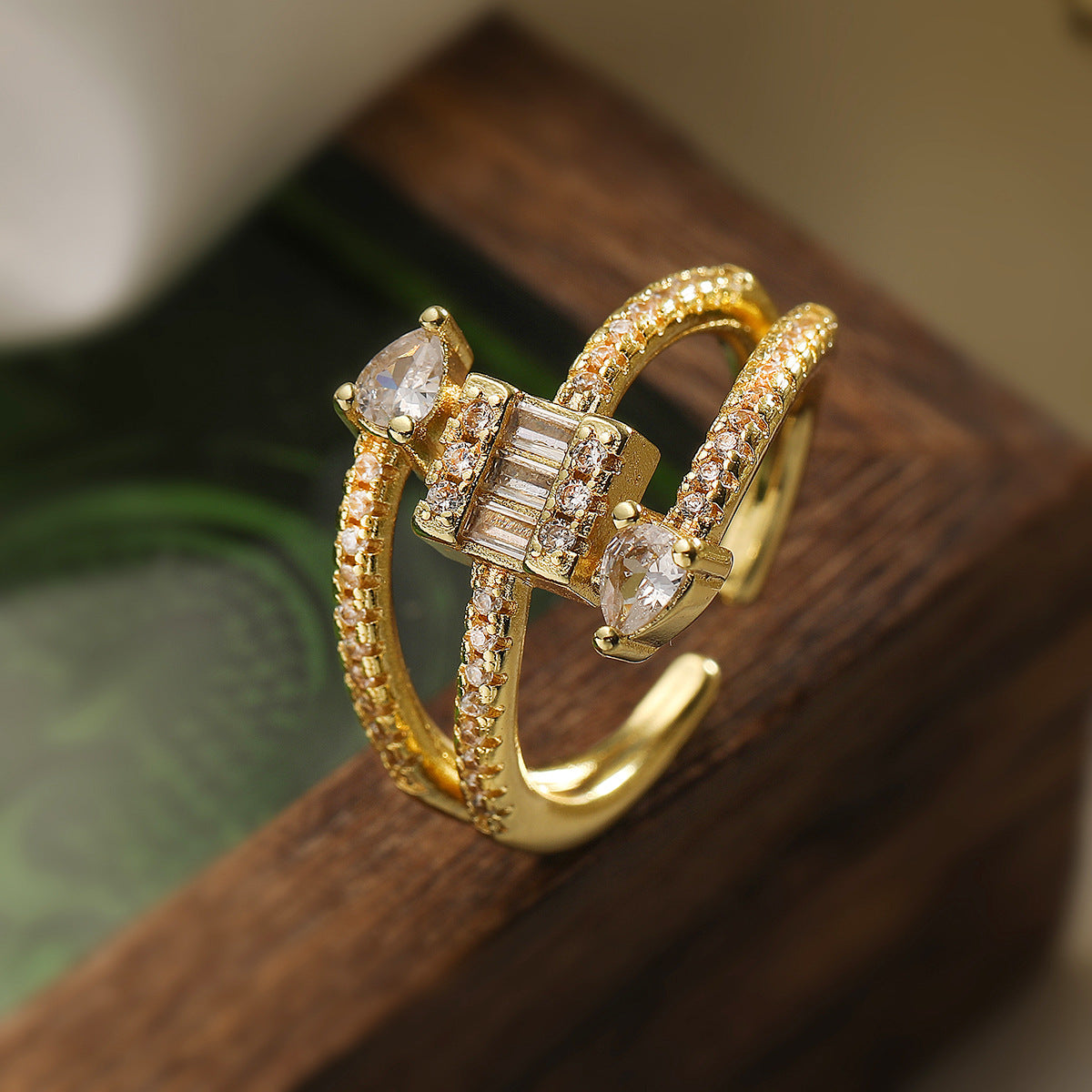 Minimalist Irregular Geometric Open Ring for Women in Brass with Gold Plating and Zircon