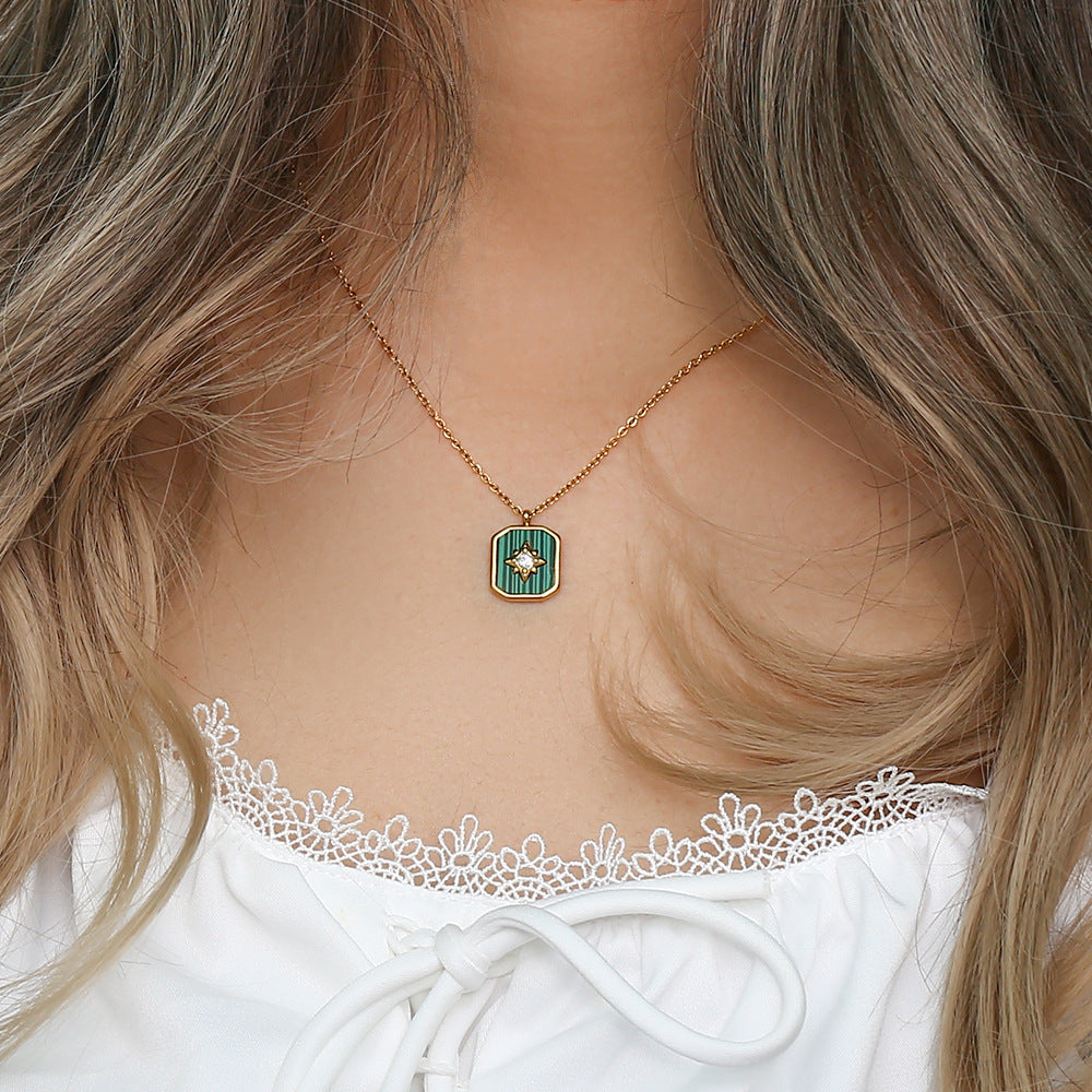 Minimalist Square Pendant Necklace with Geometric Eight-Pointed Star Design in Stainless Steel with Plated Finish for Women