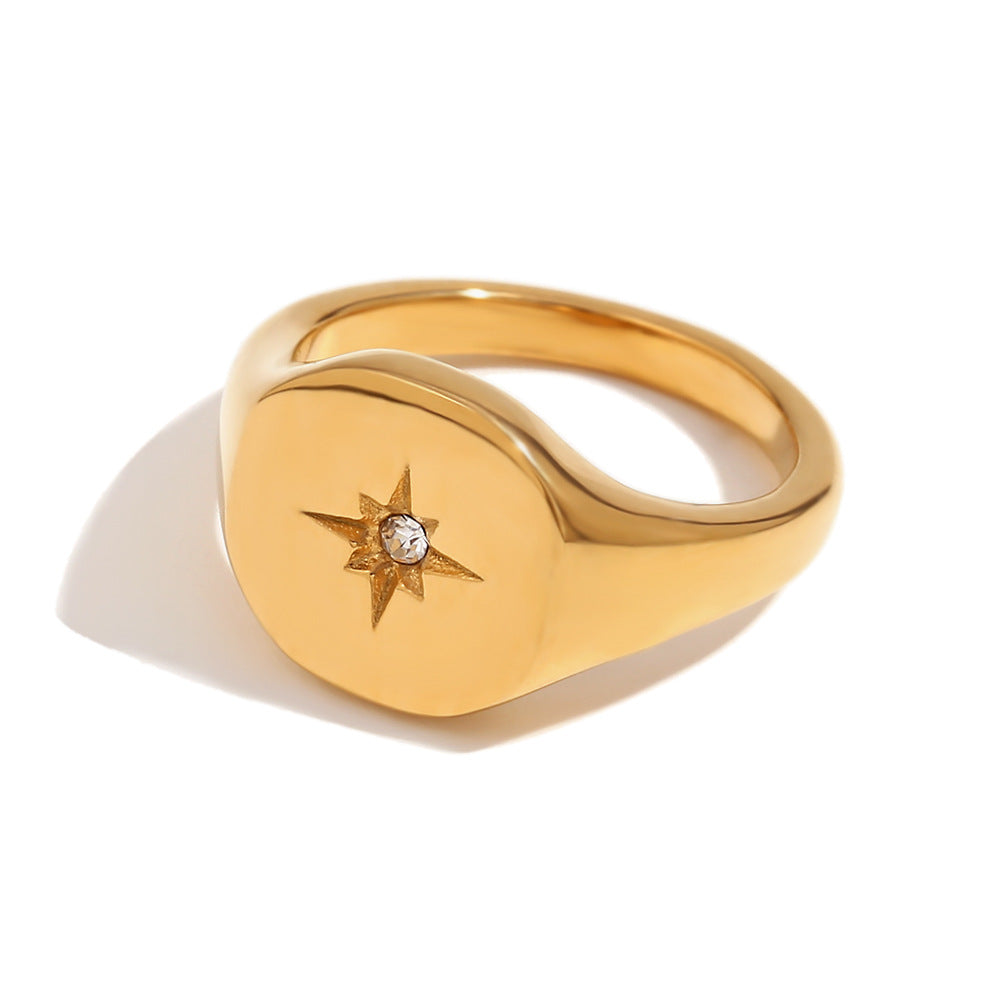 Minimalist Geometric Stainless Steel Ring with 18K Gold Plating Featuring Octagram Star Seal Design for Women