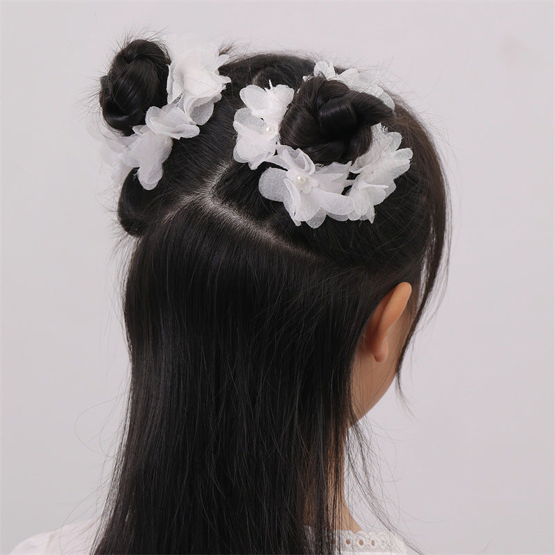 Set Minimalista di Elastici per Capelli per Bambina in Tulle Bianco con Fiori e Decorazioni di Perle