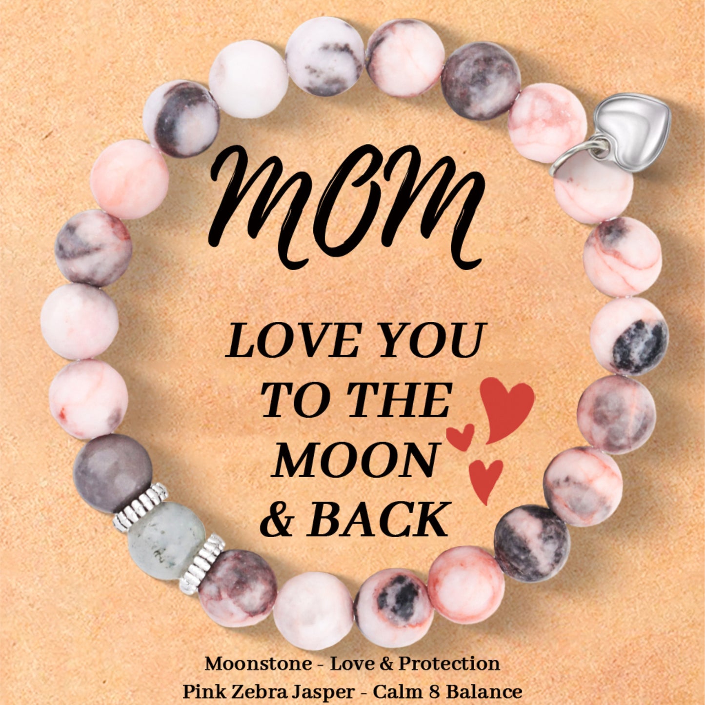Minimalist Heart Pendant Zebra Agate and Moonstone Elastic Bracelet for Women
