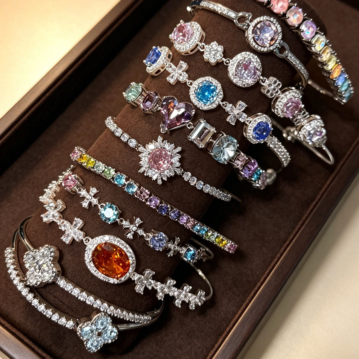 Luxury Elegant Brass Plated Crystal Cubic Zirconia Beaded Bracelet for Women