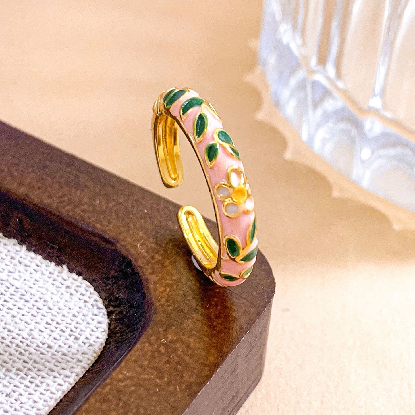 Vintage Sweet Floral Enamel Gold Plated Brass Ring for Women