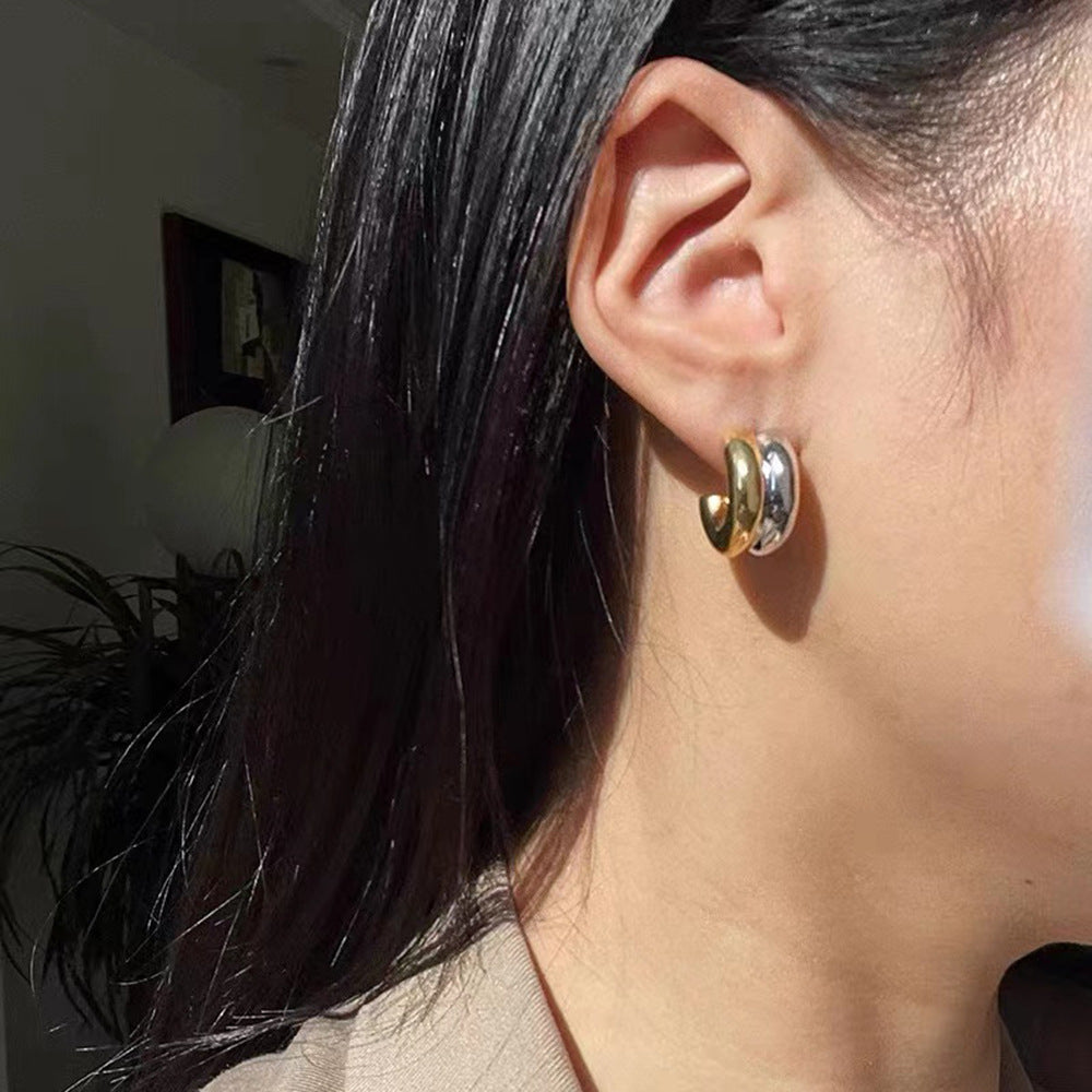 Pendientes de aro doble geométricos de moda, de acero inoxidable chapado en oro de 18K, bicolor, para mujer