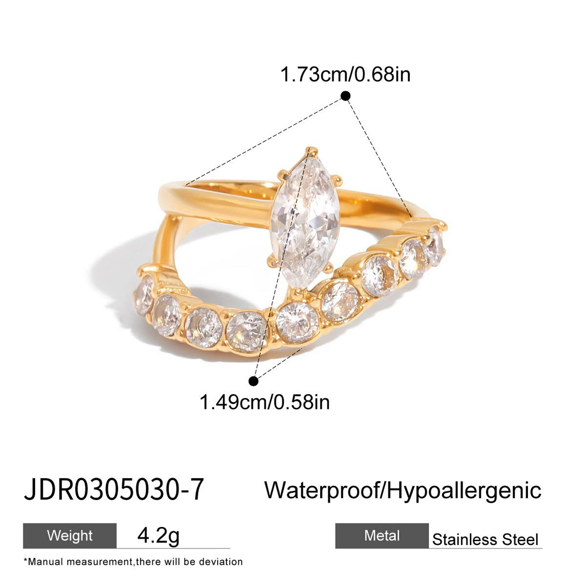 Luxury Geometric Heart Stainless Steel Cubic Zirconia Ring Bracelet for Women
