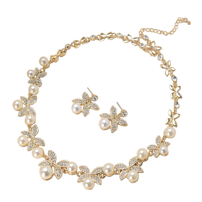 Set collana e orecchini a farfalla in lega con strass lucidi, da donna, per matrimoni e spose