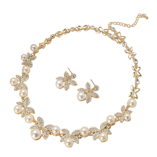 Sweet Rhinestone Inlaid Alloy Butterfly Necklace and Earring Set for Women Wedding Bridal Jewelry