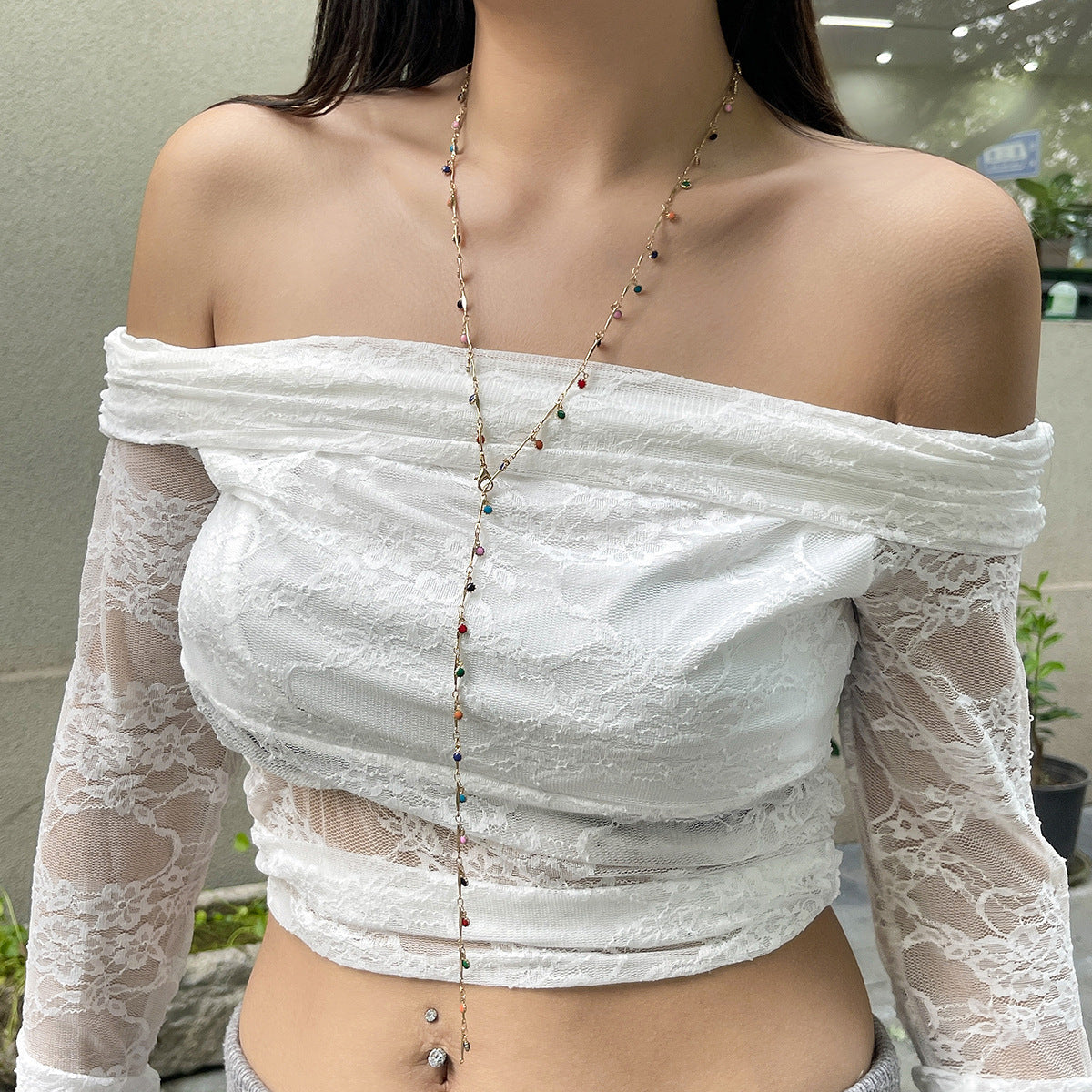 Minimalist Geometric Drip Oil Brass Tassel Y-Shape Multi-Layer Necklace for Women