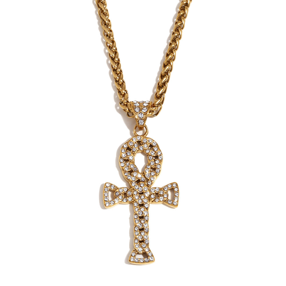 Collana con ciondolo a croce geometrica in stile retrò Hip-Hop da uomo, base in acciaio inossidabile con placcatura in oro 18 carati e intarsio completo di strass