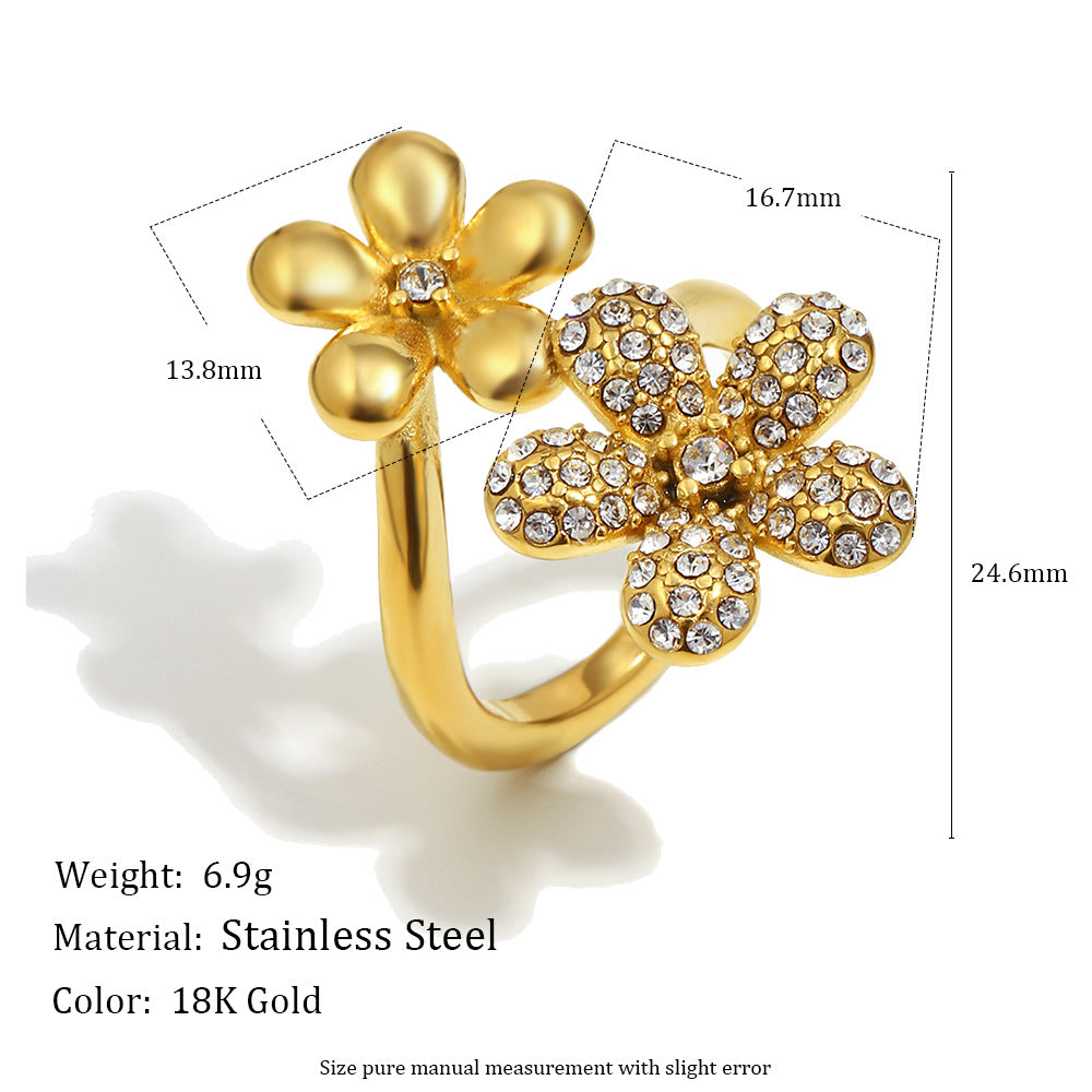 Minimalist Floral Stainless Steel Plated 18K Gold Zirconia Ring for Women