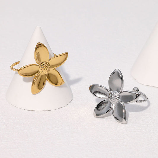 Anillo Ajustable Minimalista de Acero Inoxidable con Flores y Baño de Oro para Mujer