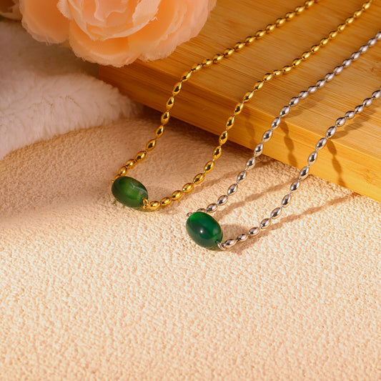 Minimalist Geometric Green Bead Titanium Steel Necklace for Women with Plated Finish