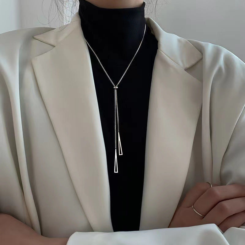 Elegant Triangle Adjustable Layered Necklace for Women Stainless Steel Long Pendant Chain with Tassel and Daisy Motif