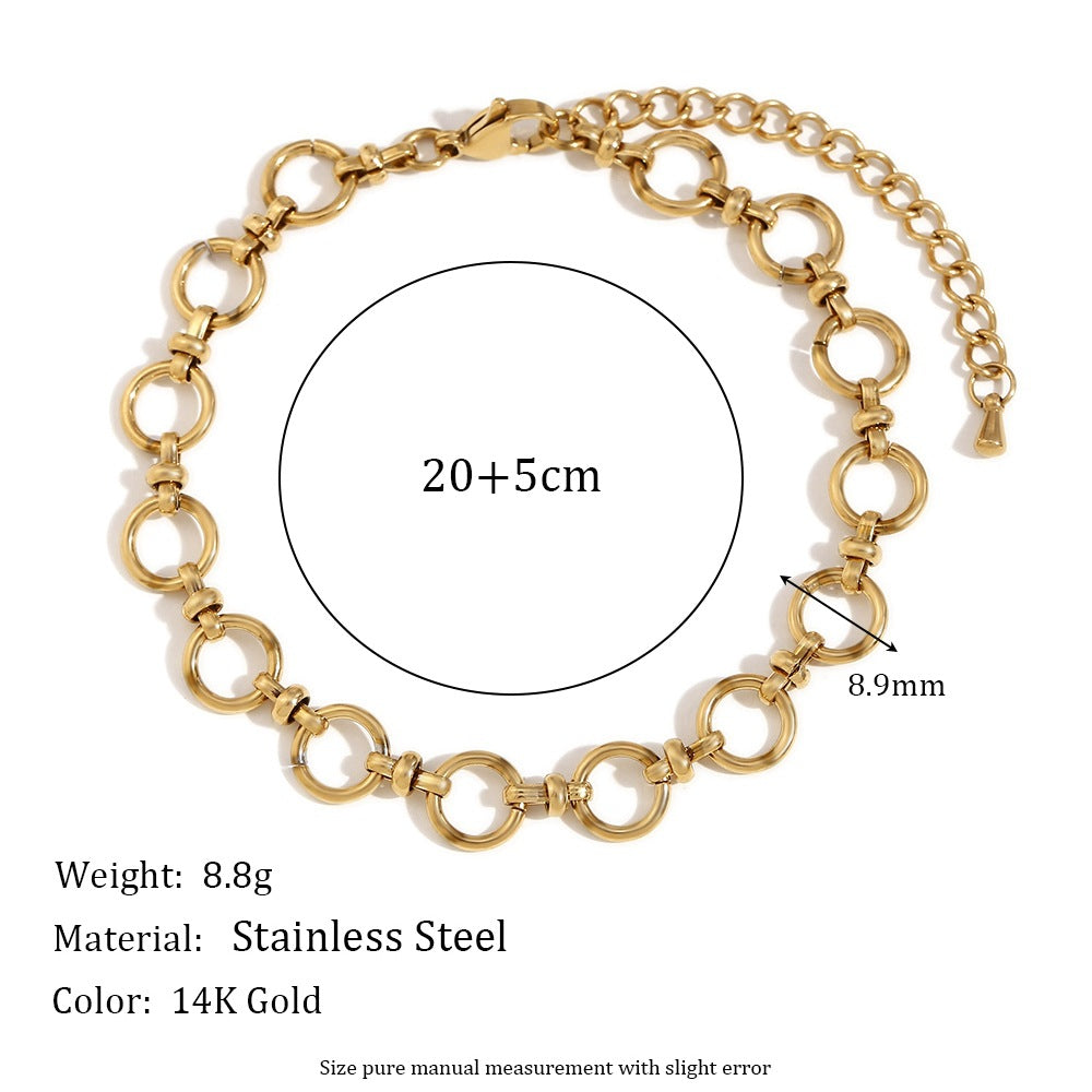 Tobillera minimalista geométrica de acero inoxidable con cadena redonda bañada en oro de 14 quilates y broche de cruz para mujer