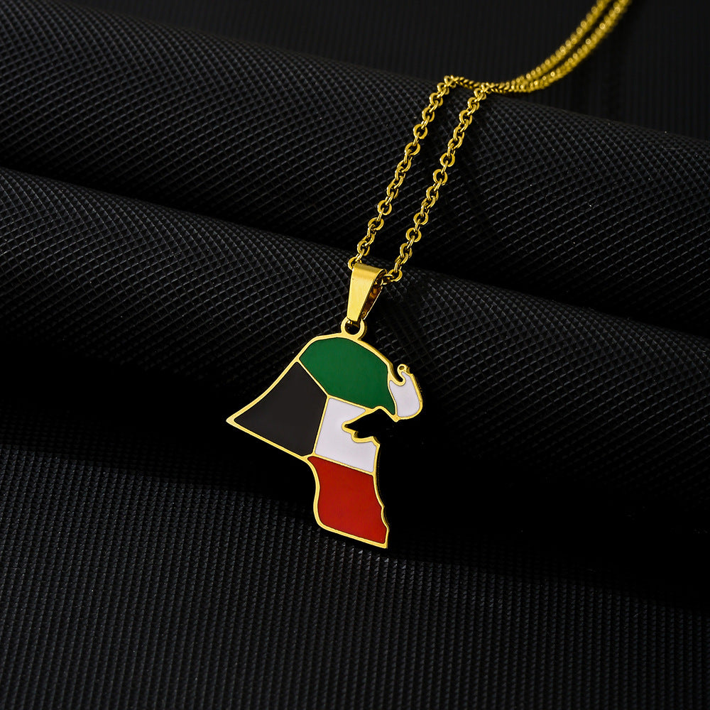 Retro Geometric Kuwait Map Flag Pendant Necklace in Stainless Steel with Enamel Finish on O-Chain for Unisex