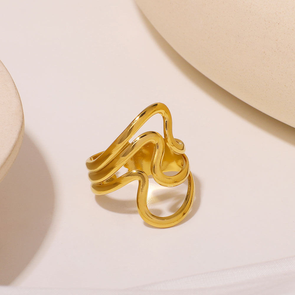 Minimalist 18K Gold Plated Stainless Steel Wavy Open Ring Asymmetric Geometric Design Unisex