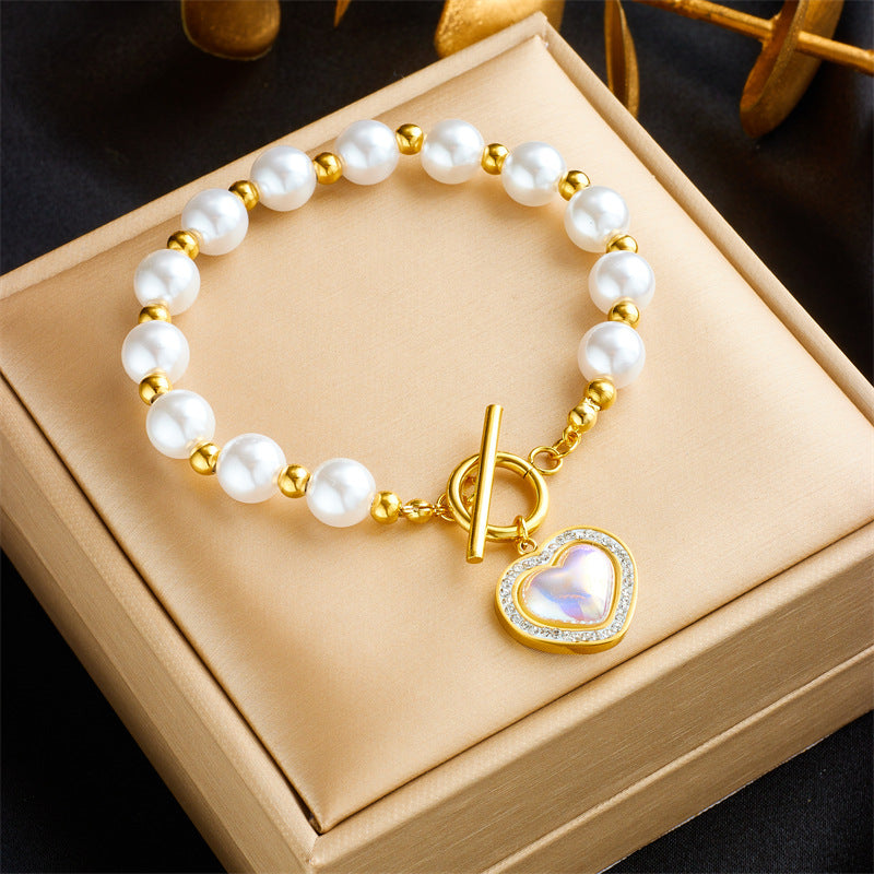 Minimalist Titanium Steel Bracelet with Rhinestone Inlay and Pearl Accents for Women