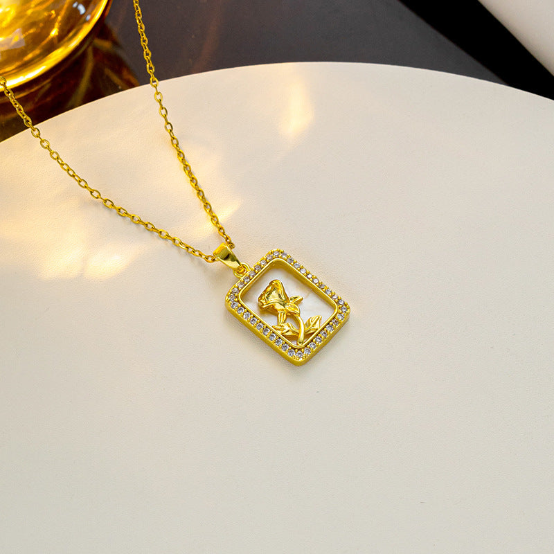 Elegant French-Style Geometric Rose Pendant Necklace for Women Made of Titanium Steel with Gold Inlay and O-Chain