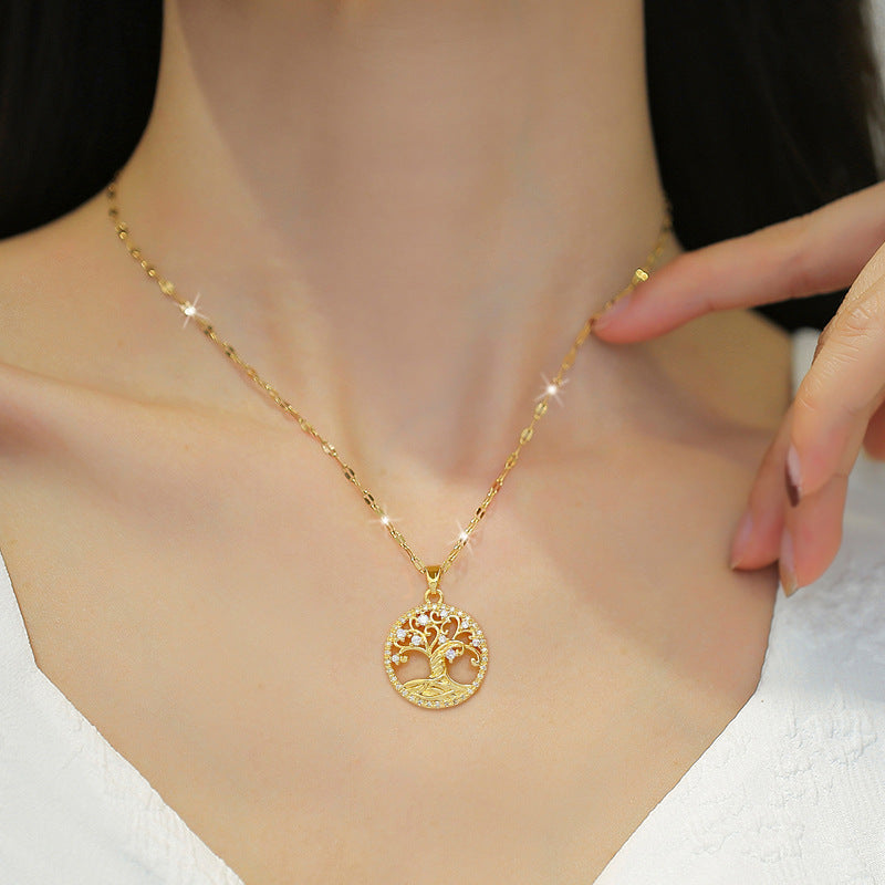 Luxury Titanium Steel Tree of Life Geometric Pendant Necklace with Rhinestone Inlay for Unisex