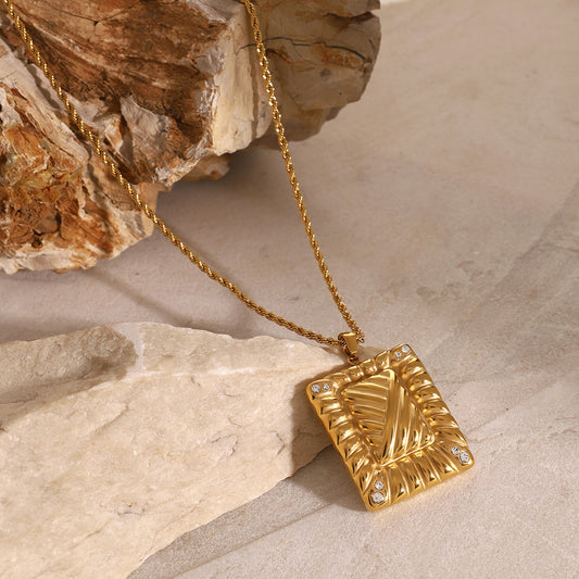 18K Gold Plated Stainless Steel Geometric Square Rhinestone Pendant Necklace O-Chain Unisex