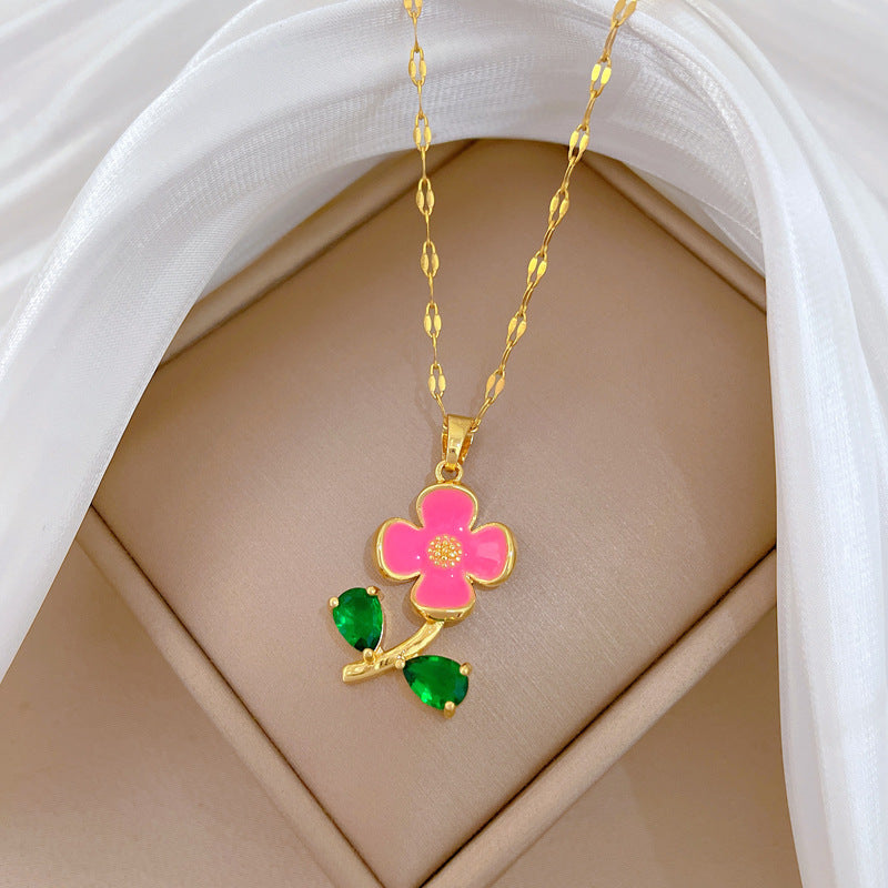 Sweet Elegant Geometric Floral Drip Oil Rhinestone Pendant Necklace Titanium Steel Cable Chain Unisex