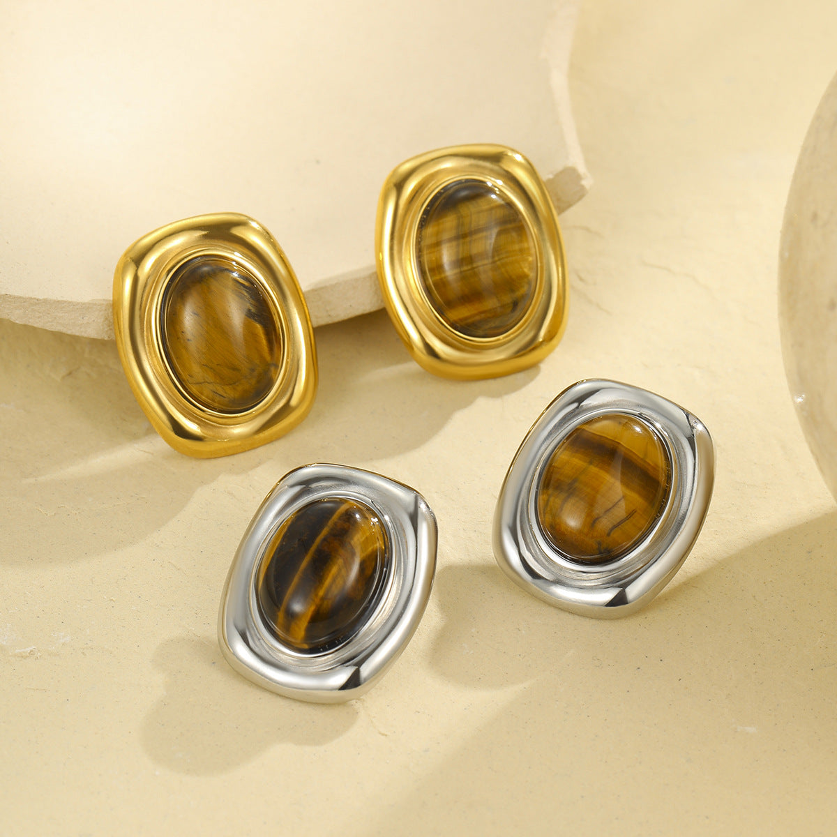 Pendientes de Botón Ovalados de Ojo de Tigre Estilo "Old Money" Francés Vintage para Mujer de Acero Inoxidable con Baño de Oro
