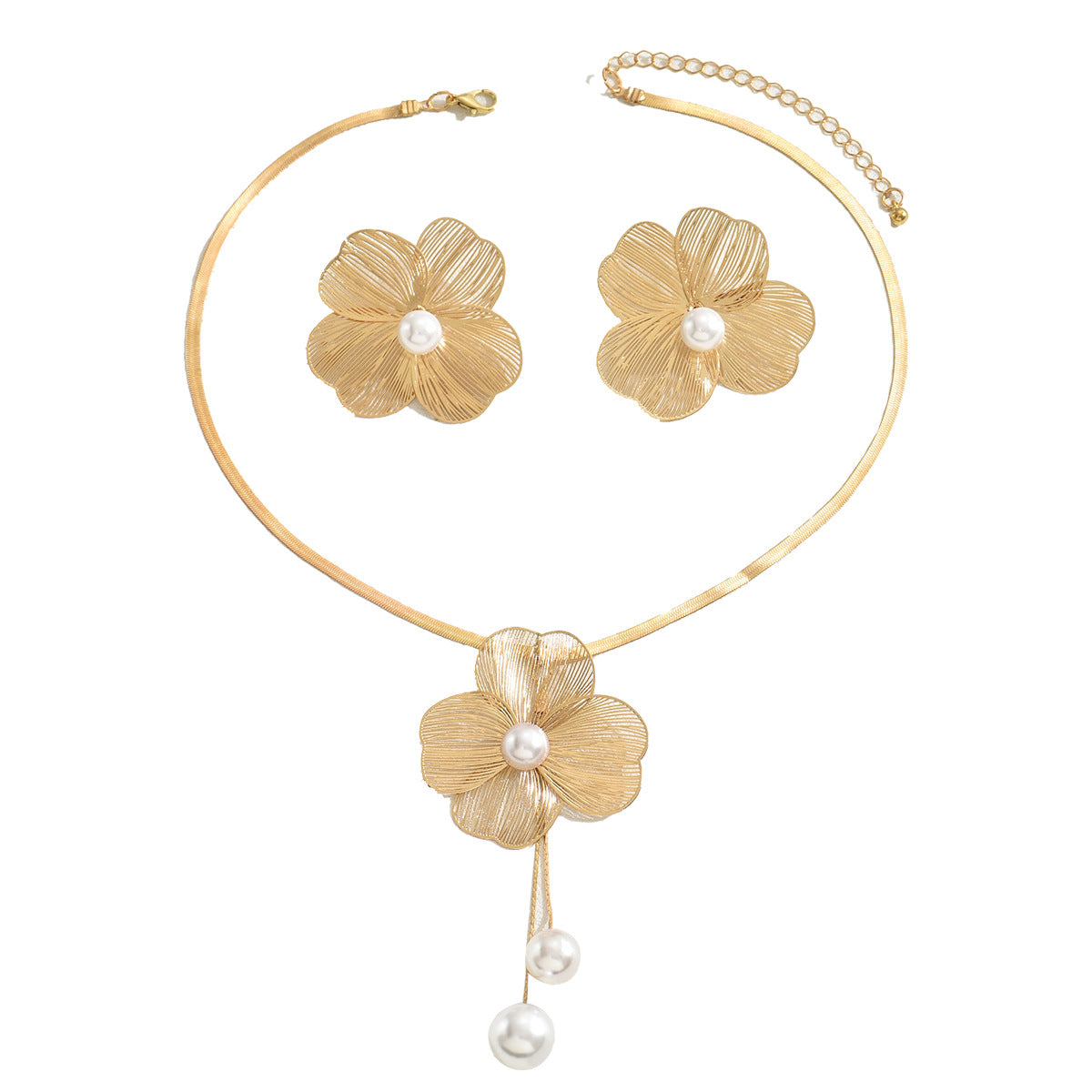 Elegant Floral Pearl Inlay Copper Necklace and Earrings Set for Women Long Clavicle Chain Minimalist Luxury Style