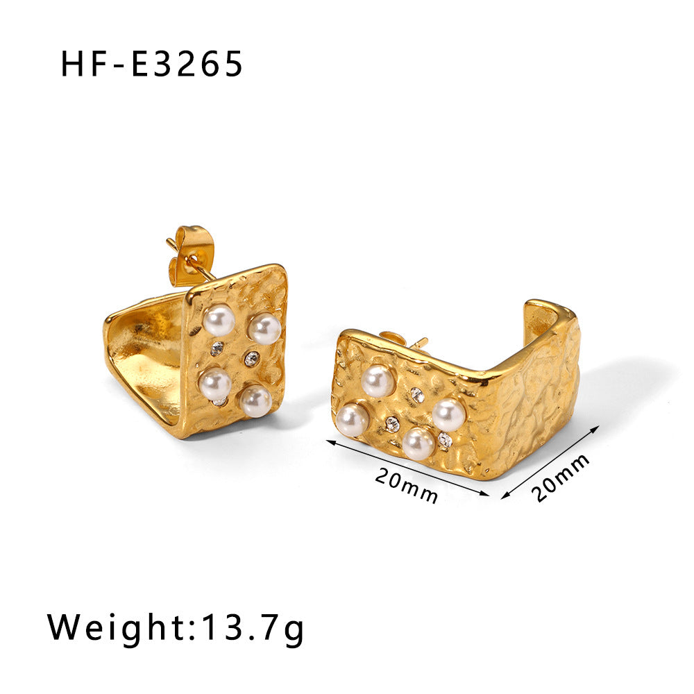 Orecchini da donna quadrati geometrici vintage francesi placcati oro 18 carati in acciaio inossidabile con perle