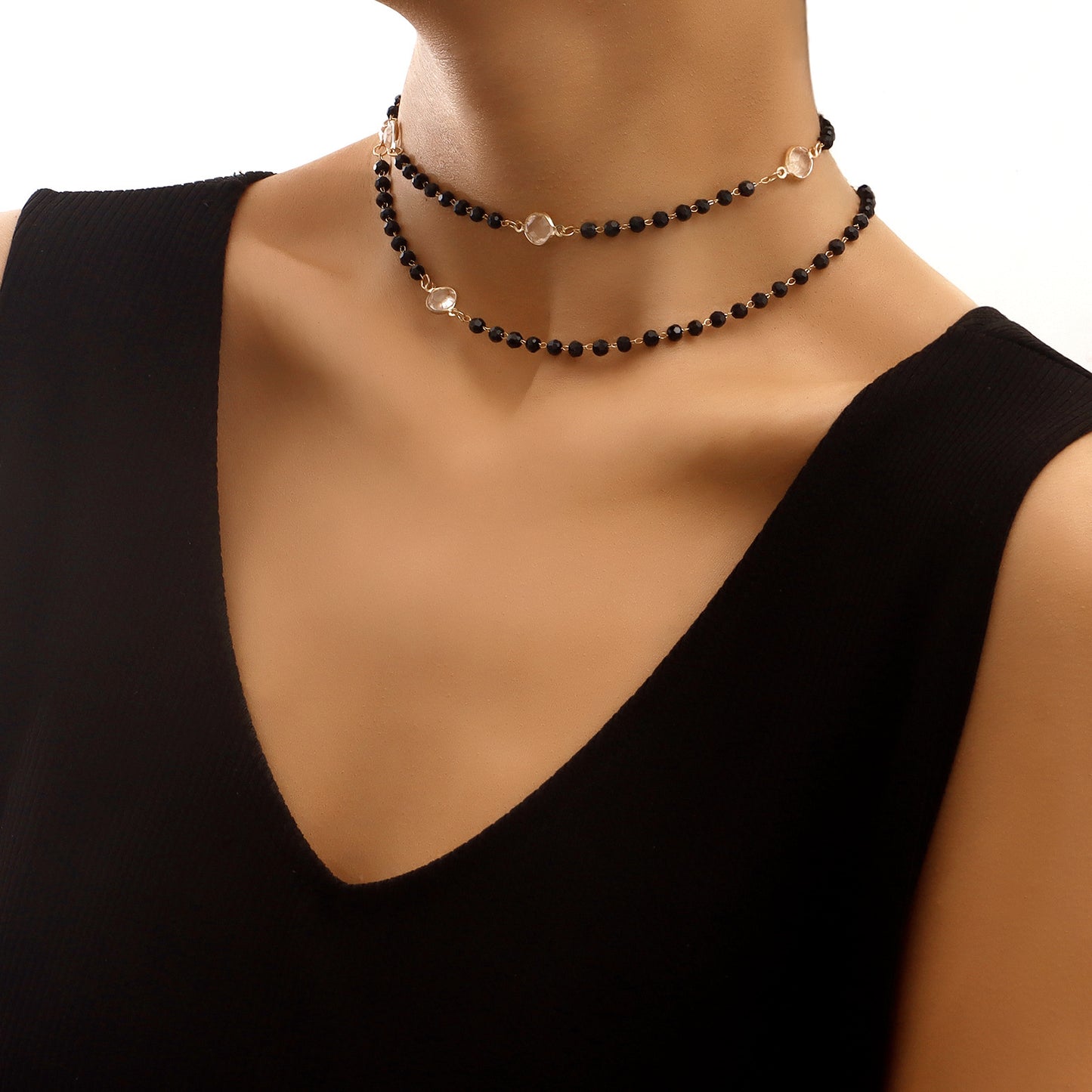 Minimalist Geometric Double-Layer Necklace for Women with Black Rhinestones and White Zirconia on Alloy Base with Electroplated Finish