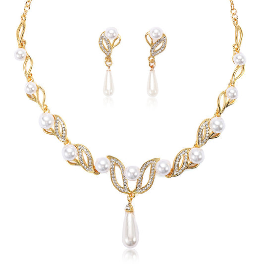 Elegante conjunto de collar y pendientes de aleación con colgante de perla en forma de lágrima, acabado chapado, patrón de hoja y gota de agua, diseño inspirado en ondas naturales para mujer