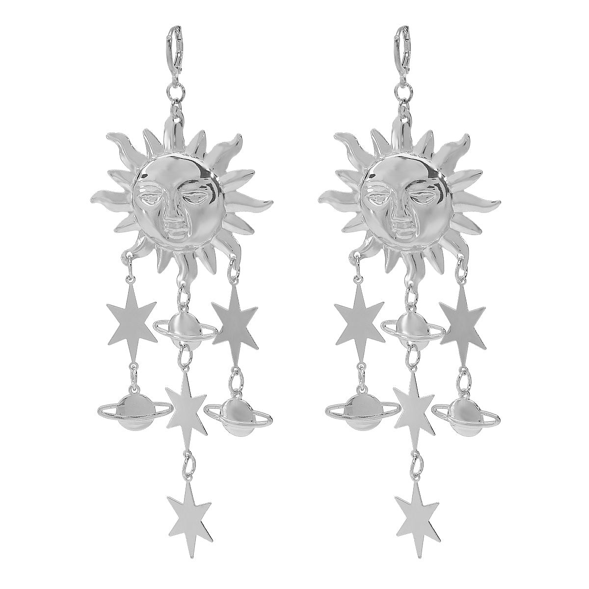 Orecchini pendenti da donna vintage a stella e sole geometrici con finitura in ferro placcato