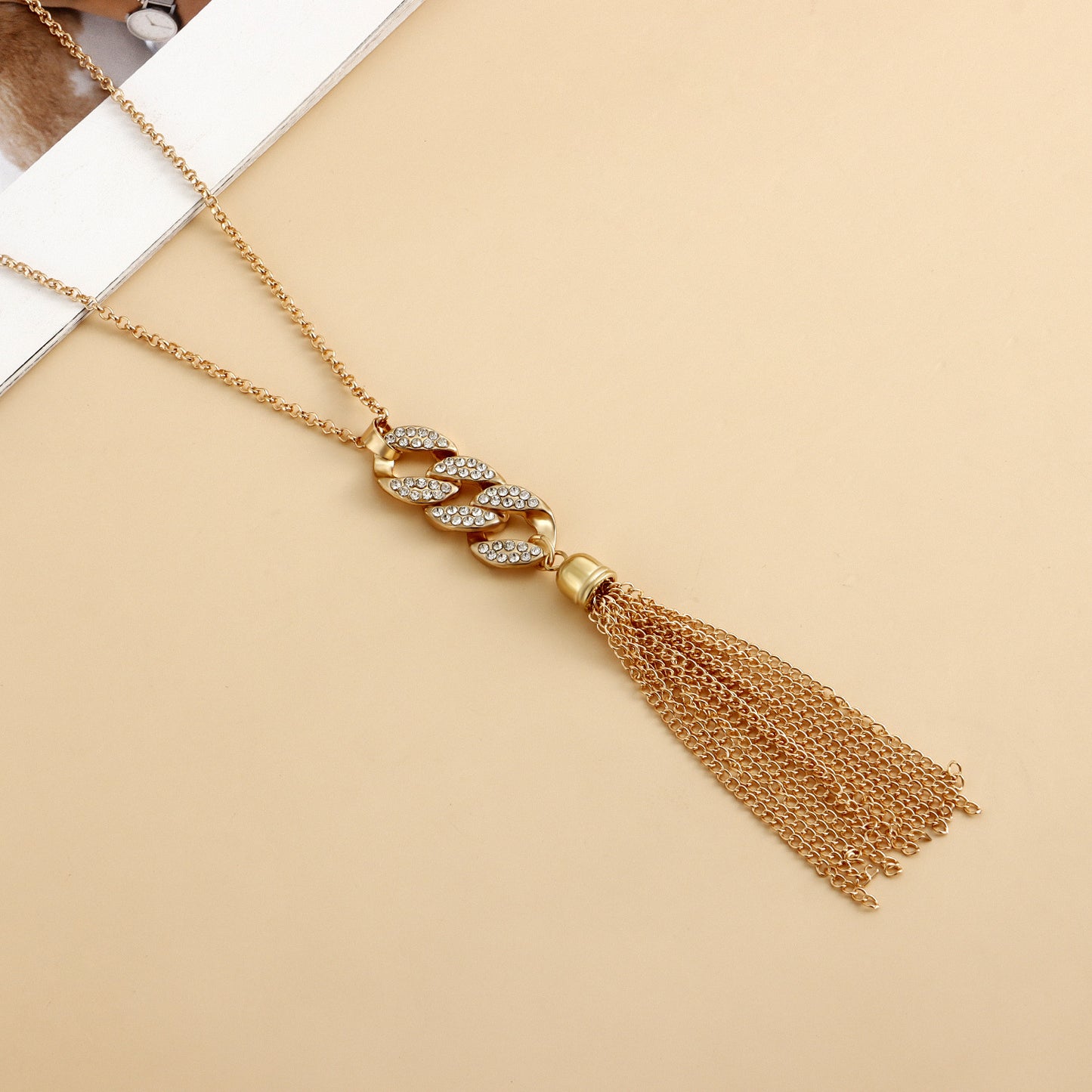 Minimalist Geometric Pendant Necklace with Tassel and Rhinestone Accents on Electroplated Alloy 8-Shape Chain for Women