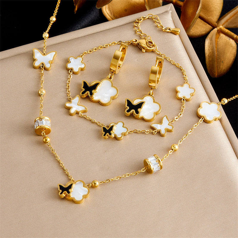 Set Collana Orecchini Bracciale Placcato in Acciaio Inossidabile con Fiori Floreali Eleganti Farfalle Vintage