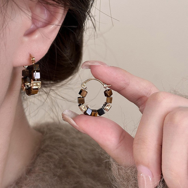 Pendientes de tuerca geométricos de ojo de tigre chapados en bronce mate para mujer, joyería de lujo minimalista artística vintage