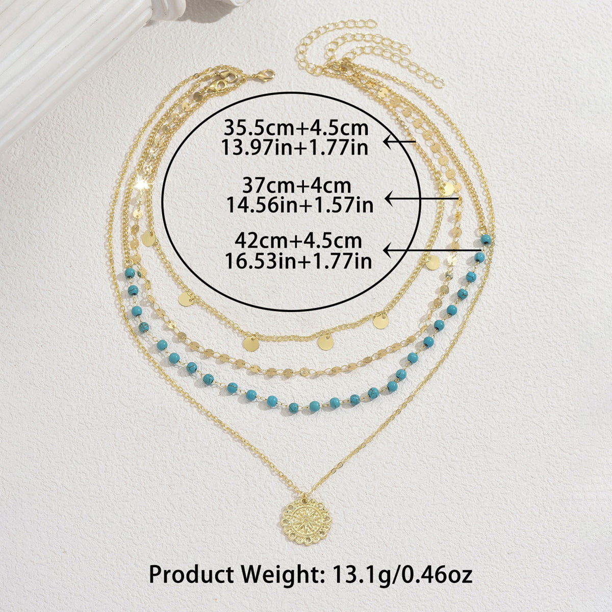 Geometric Floral Turquoise Inlay Pendant Necklace for Women with Multi-Layer Clavicle Chain in Zinc Alloy
