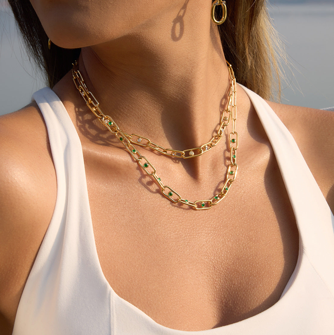 Minimalist Green Rhinestone Geometric Round Stainless Steel PVD Necklace for Women