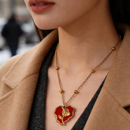 Vintage Sweet Heart Floral Drip Oil Plated Stainless Steel Necklace