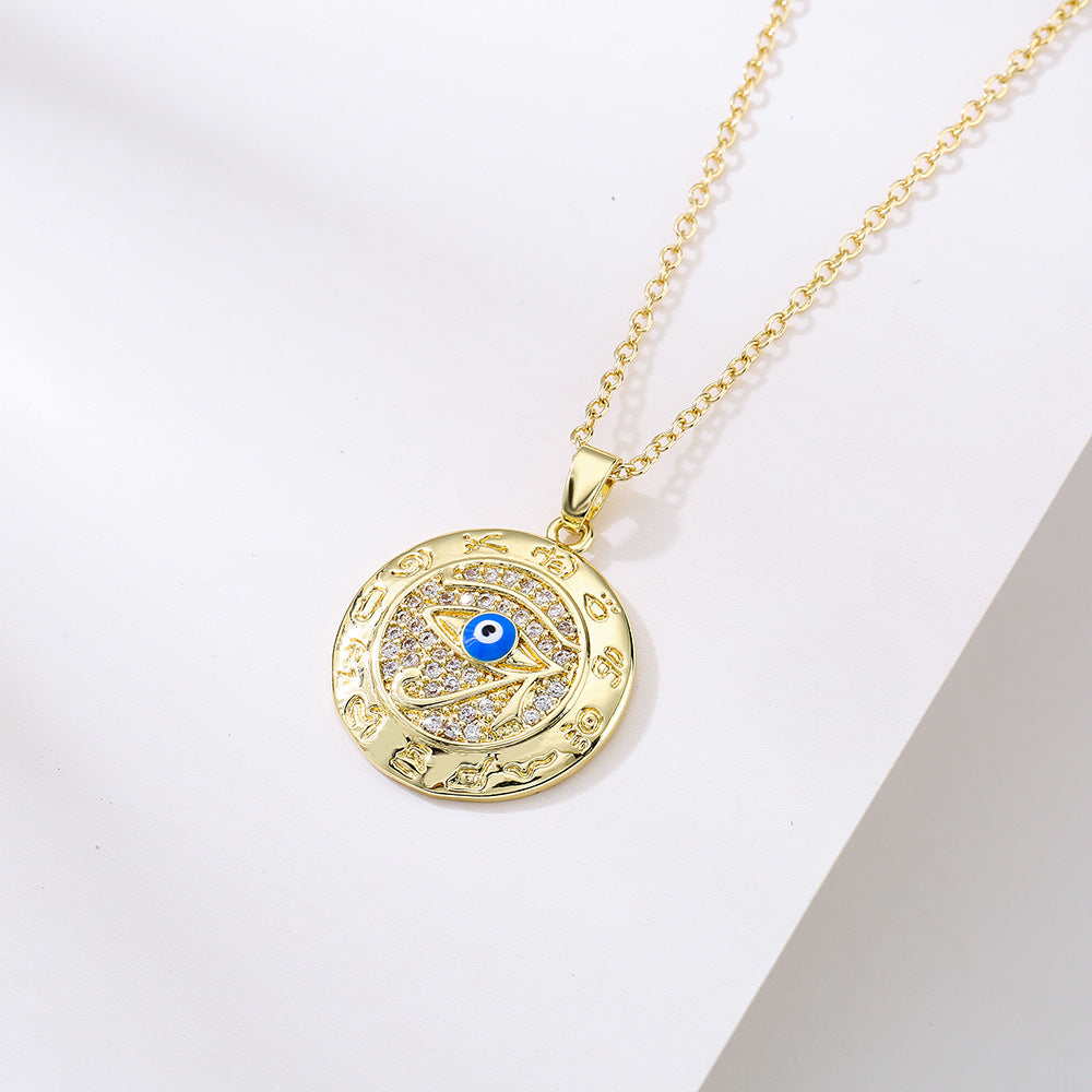 Vintage Evil Eye Pendant Necklace for Women with Copper Base Plated in 18K Gold and Enamel Finish Geometric Design