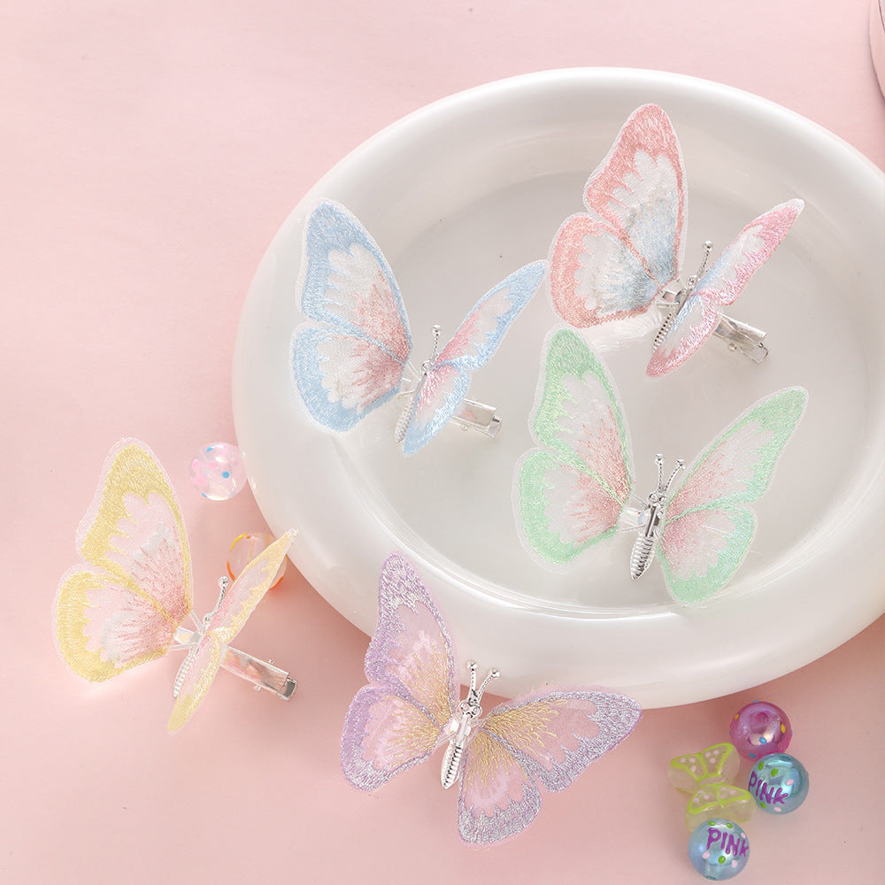 Fermaglio per capelli a farfalla dolce per bambini Fermaglio ricamato a mano in tessuto con ali mobili Accessorio laterale per capelli in stile principessa