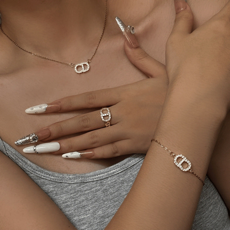 Minimalist Luxury Letter Titanium Steel Cubic Zirconia Inlay Necklace Set