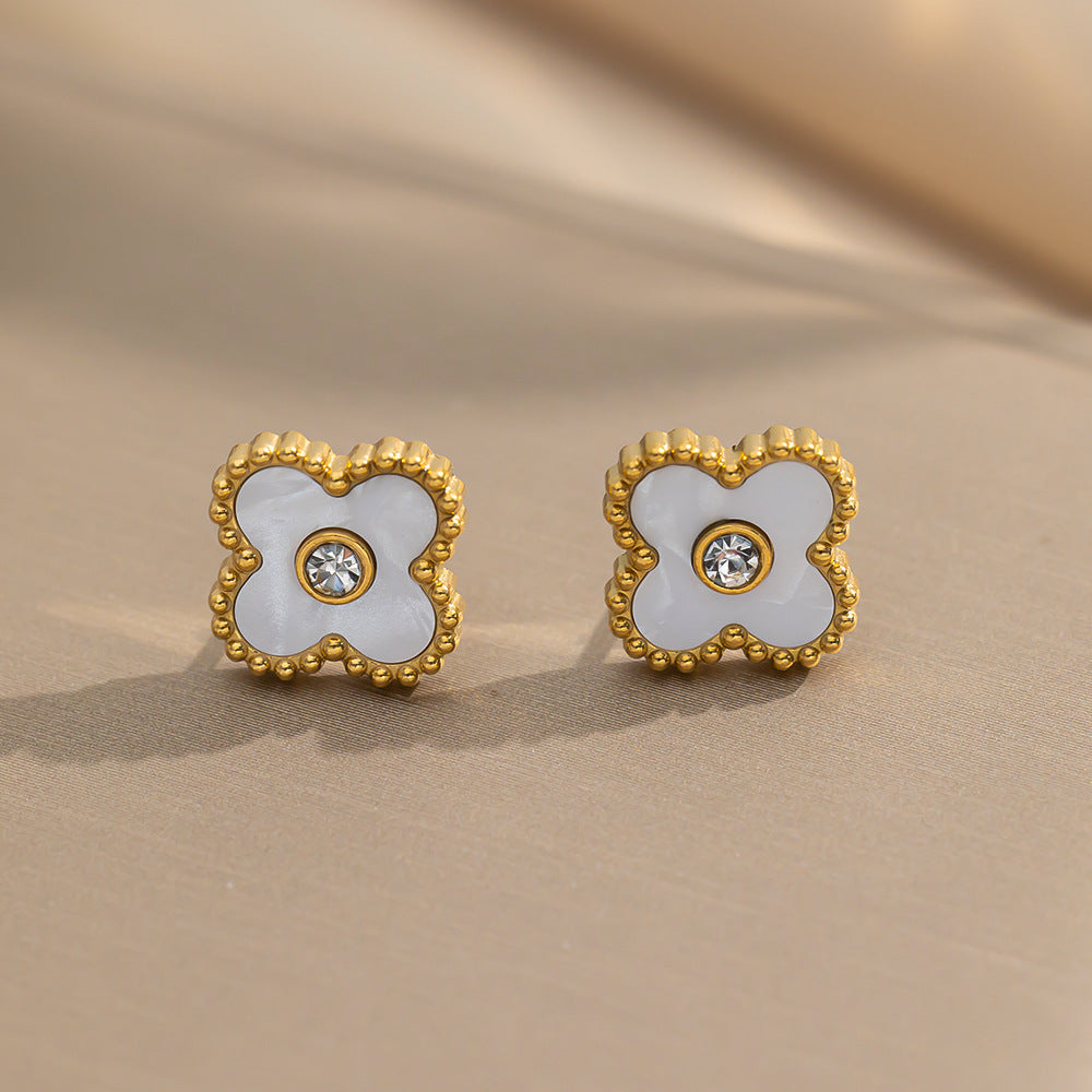 Minimalist Forest Style Four-Leaf Clover Stud Earrings in Titanium Steel with Plated Finish for Women