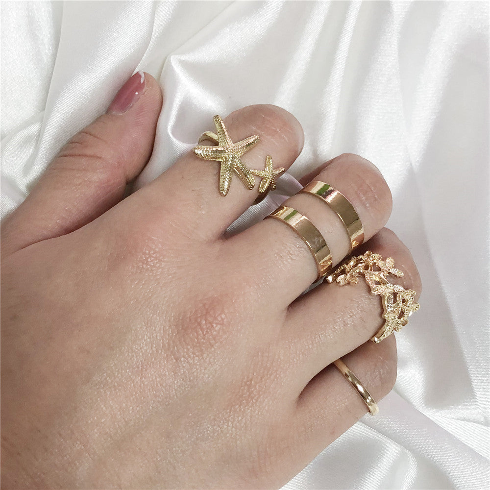Minimalist Sweet Geometric Flower Starfish Alloy Plated Ring Set