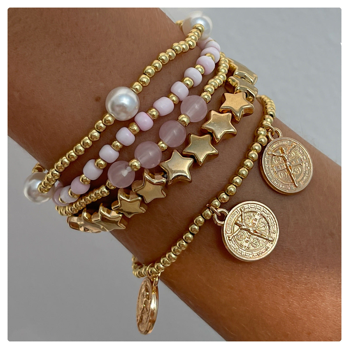 Pulsera de aleación electrochapada con forma de estrella, estilo vintage minimalista, con imitación de perla y borlas