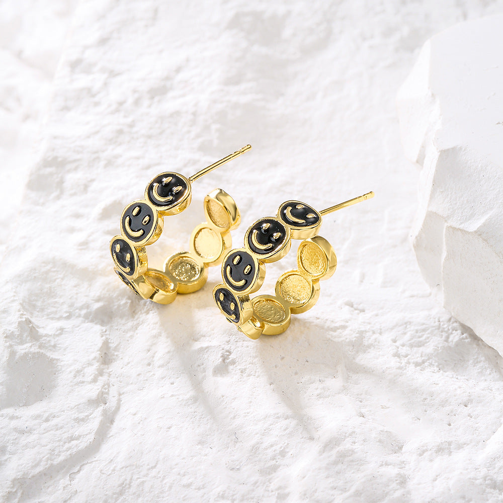 Cute Playful INS-Style Geometric C-Shaped Smiley Face Earrings for Women with Copper Base and 18K Gold Plating and Enamel Finish