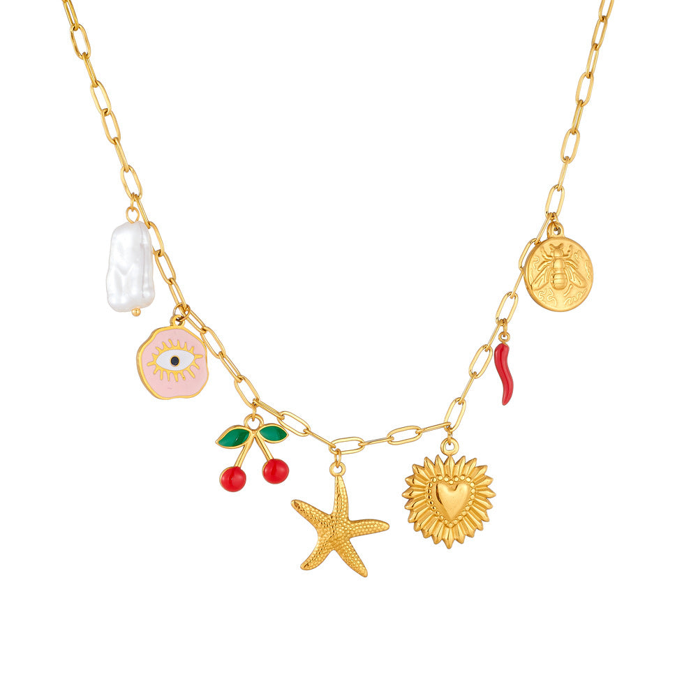 Cartoon Cherry Heart Drip Oil Stainless Steel Pendant Necklace with Box Chain for Women