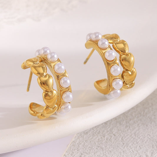 Fashionable French Vintage Style Heart-Edged Stainless Steel Ear Studs with 18K Gold Plating and Simulated Pearl Accents