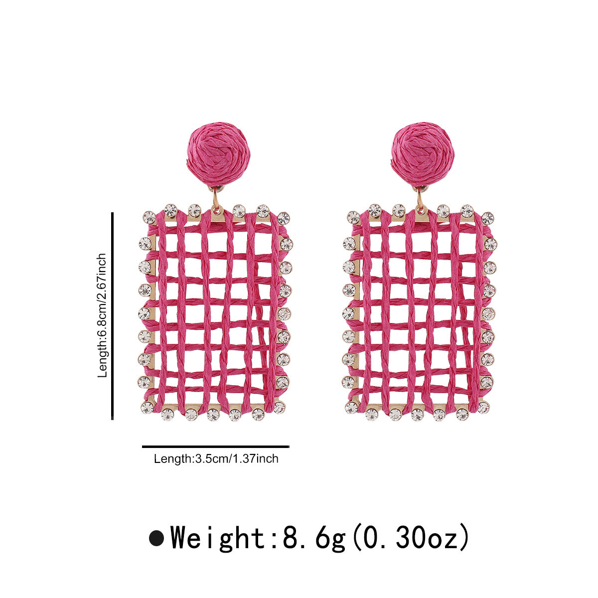 Orecchini in rafia intrecciata con ritagli geometrici da donna con dettagli in strass, stile fresco e minimalista per le vacanze